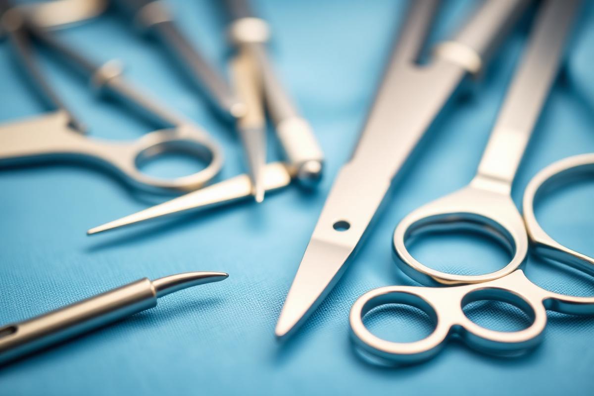 Sterile surgical instruments laid out on a drape